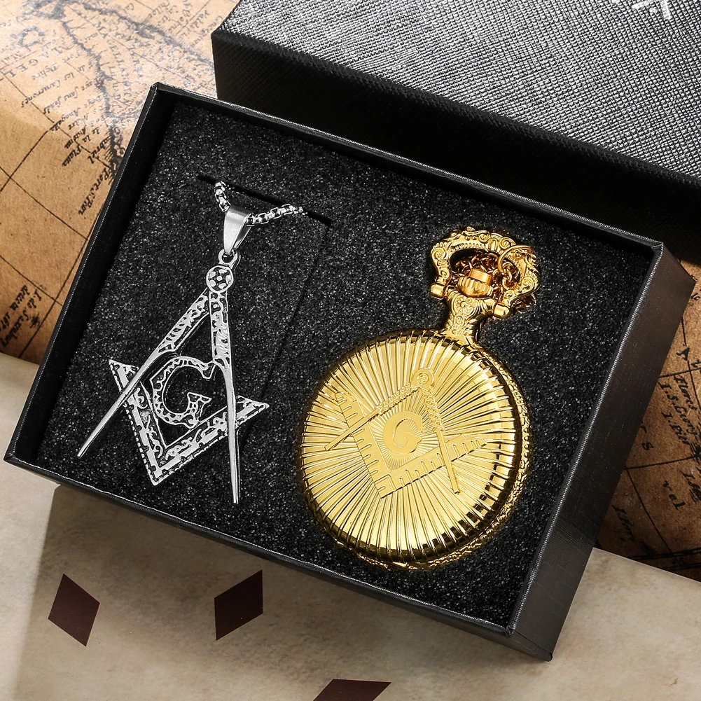 Masonic Pocket Watch Necklace Gift Set Quartz Arabic Numerals Dial Necklace Pocket Clock Freemasonry Pendant Chain Men Women