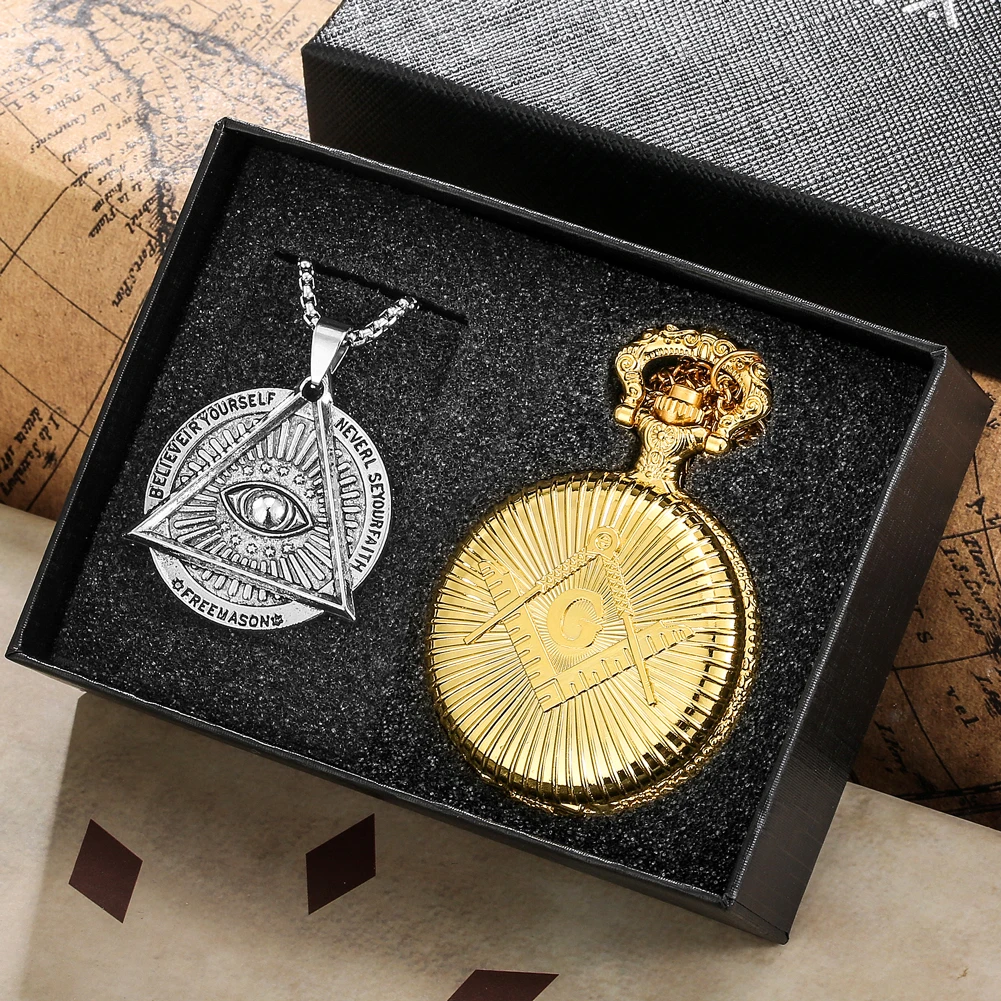 Masonic Pocket Watch Necklace Gift Set Quartz Arabic Numerals Dial Necklace Pocket Clock Freemasonry Pendant Chain Men Women