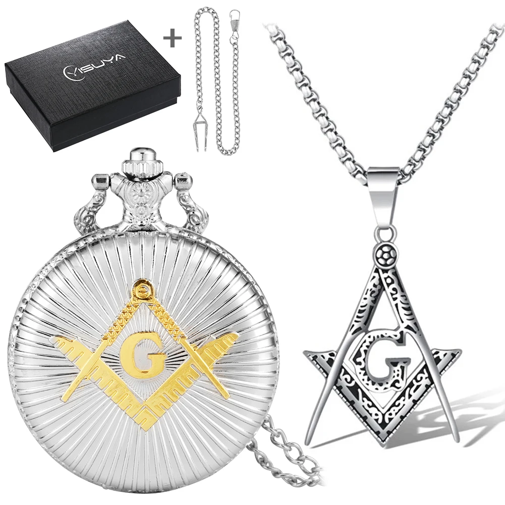 Masonic Pocket Watch Necklace Gift Set Quartz Arabic Numerals Dial Necklace Pocket Clock Freemasonry Pendant Chain Men Women
