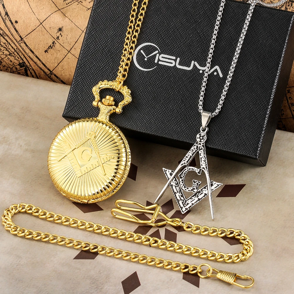 Masonic Pocket Watch Necklace Gift Set Quartz Arabic Numerals Dial Necklace Pocket Clock Freemasonry Pendant Chain Men Women