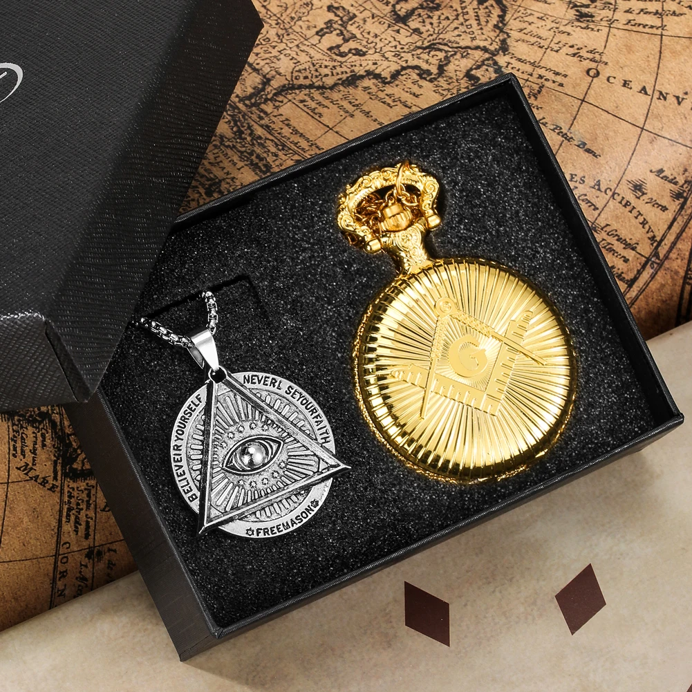 Masonic Pocket Watch Necklace Gift Set Quartz Arabic Numerals Dial Necklace Pocket Clock Freemasonry Pendant Chain Men Women
