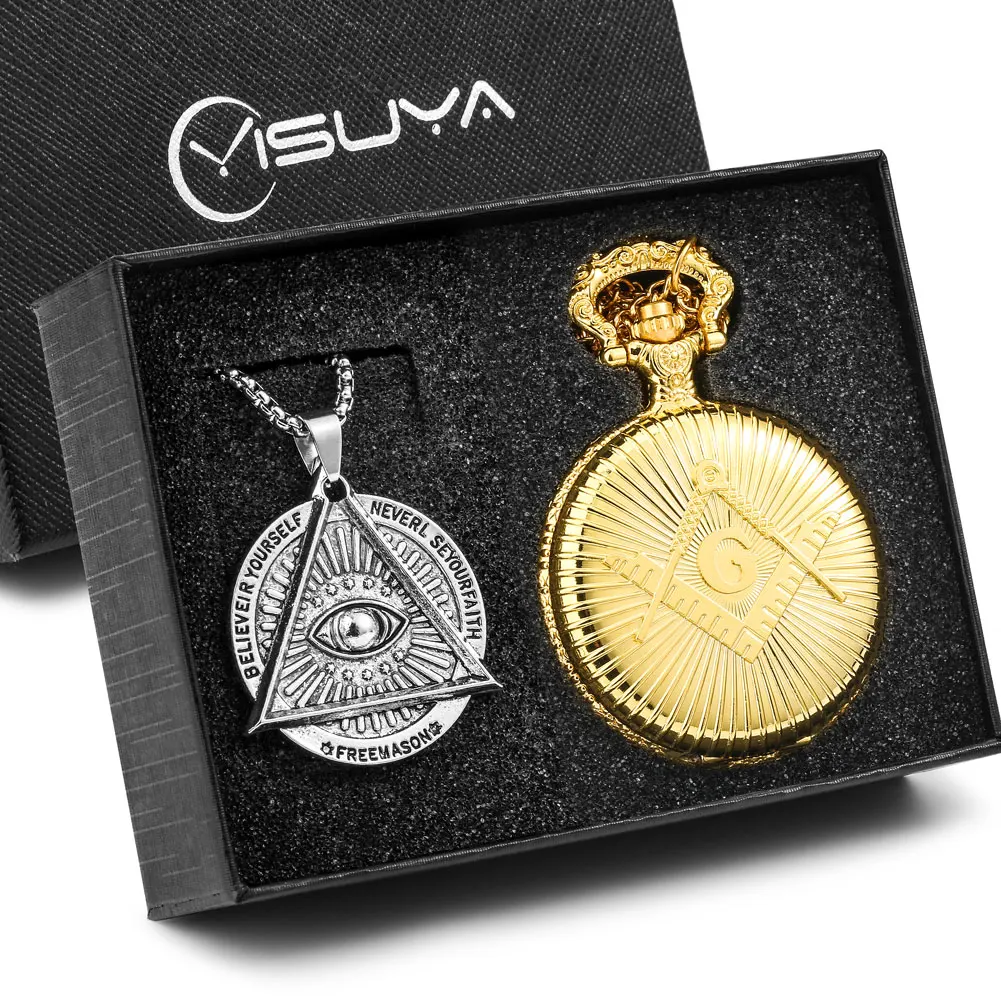 Masonic Pocket Watch Necklace Gift Set Quartz Arabic Numerals Dial Necklace Pocket Clock Freemasonry Pendant Chain Men Women