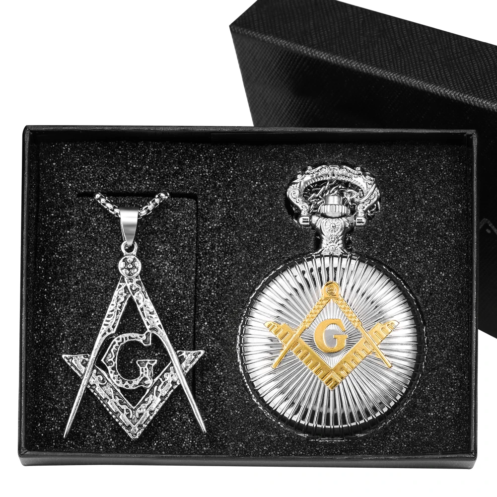 Masonic Pocket Watch Necklace Gift Set Quartz Arabic Numerals Dial Necklace Pocket Clock Freemasonry Pendant Chain Men Women