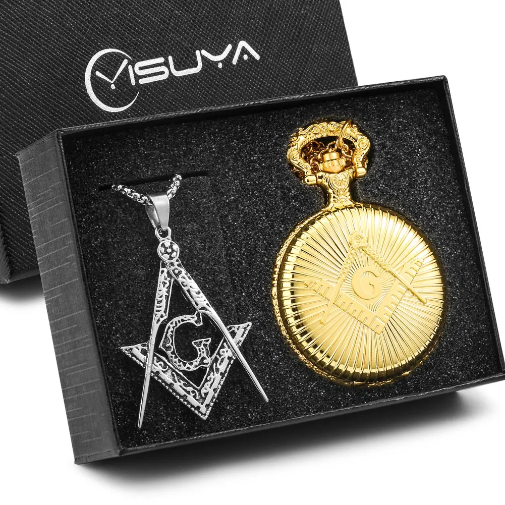 Masonic Pocket Watch Necklace Gift Set Quartz Arabic Numerals Dial Necklace Pocket Clock Freemasonry Pendant Chain Men Women