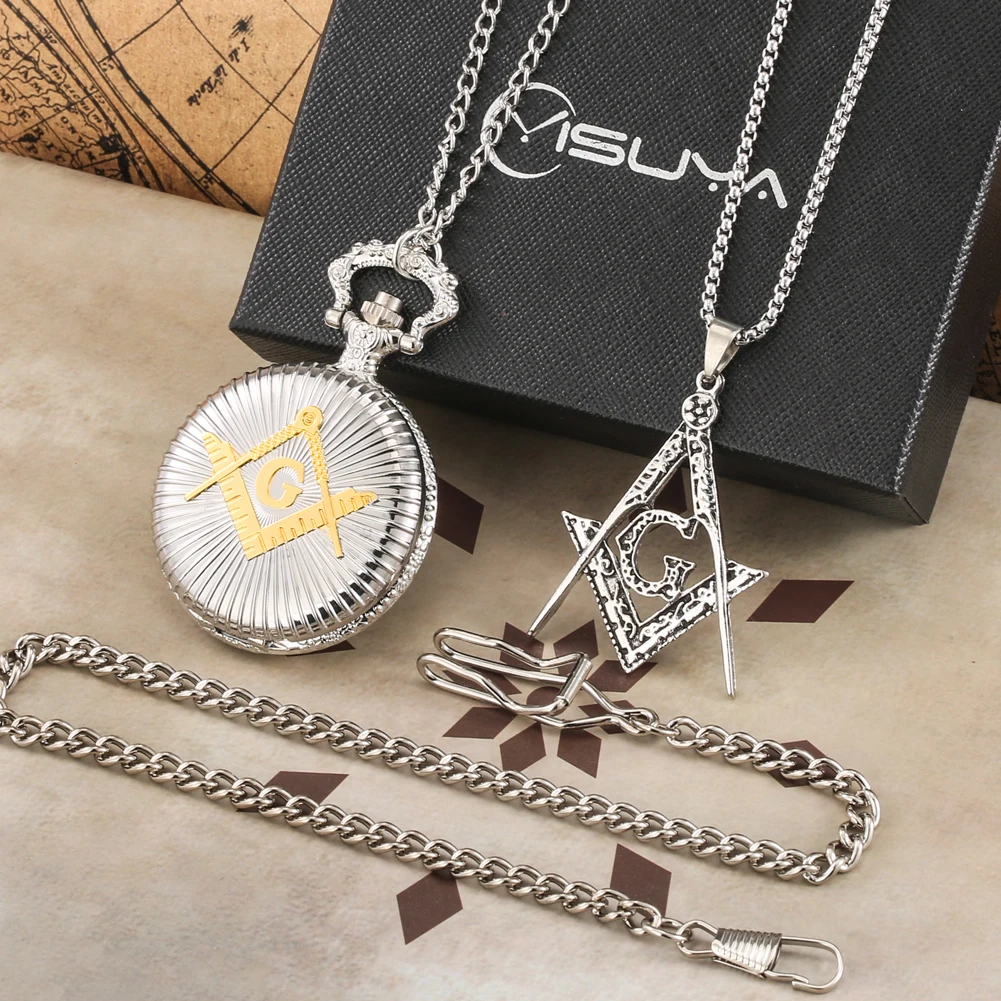 Masonic Pocket Watch Necklace Gift Set Quartz Arabic Numerals Dial Necklace Pocket Clock Freemasonry Pendant Chain Men Women