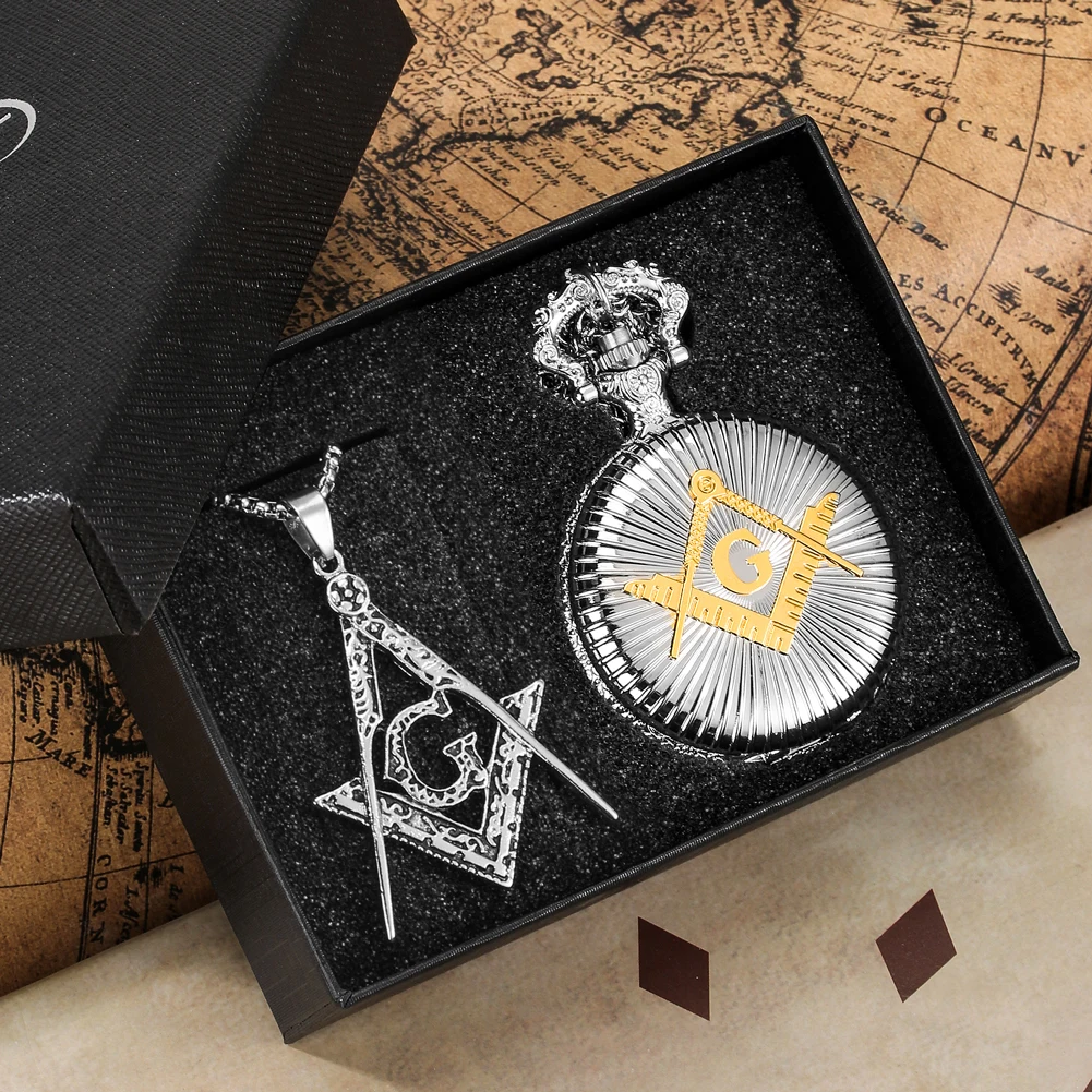 Masonic Pocket Watch Necklace Gift Set Quartz Arabic Numerals Dial Necklace Pocket Clock Freemasonry Pendant Chain Men Women