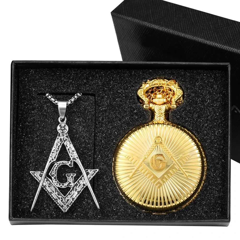 Masonic Pocket Watch Necklace Gift Set Quartz Arabic Numerals Dial Necklace Pocket Clock Freemasonry Pendant Chain Men Women