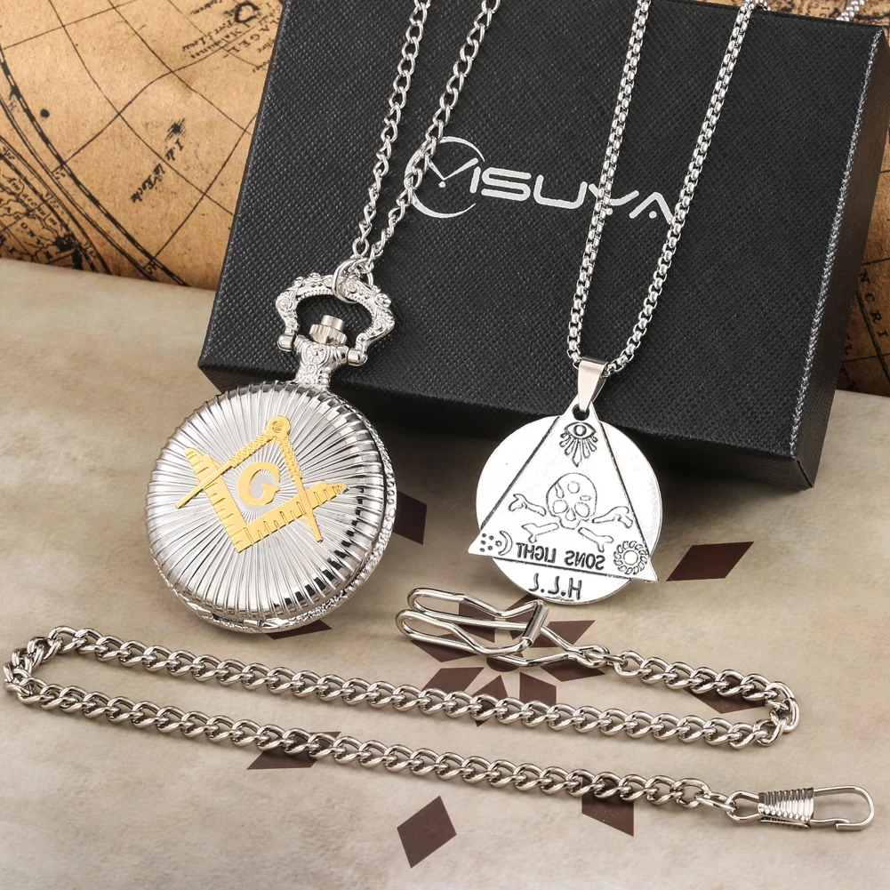 Masonic Pocket Watch Necklace Gift Set Quartz Arabic Numerals Dial Necklace Pocket Clock Freemasonry Pendant Chain Men Women
