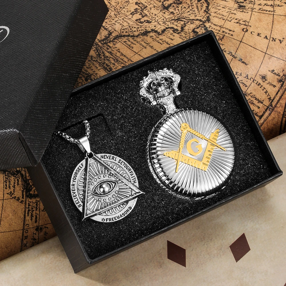 Masonic Pocket Watch Necklace Gift Set Quartz Arabic Numerals Dial Necklace Pocket Clock Freemasonry Pendant Chain Men Women