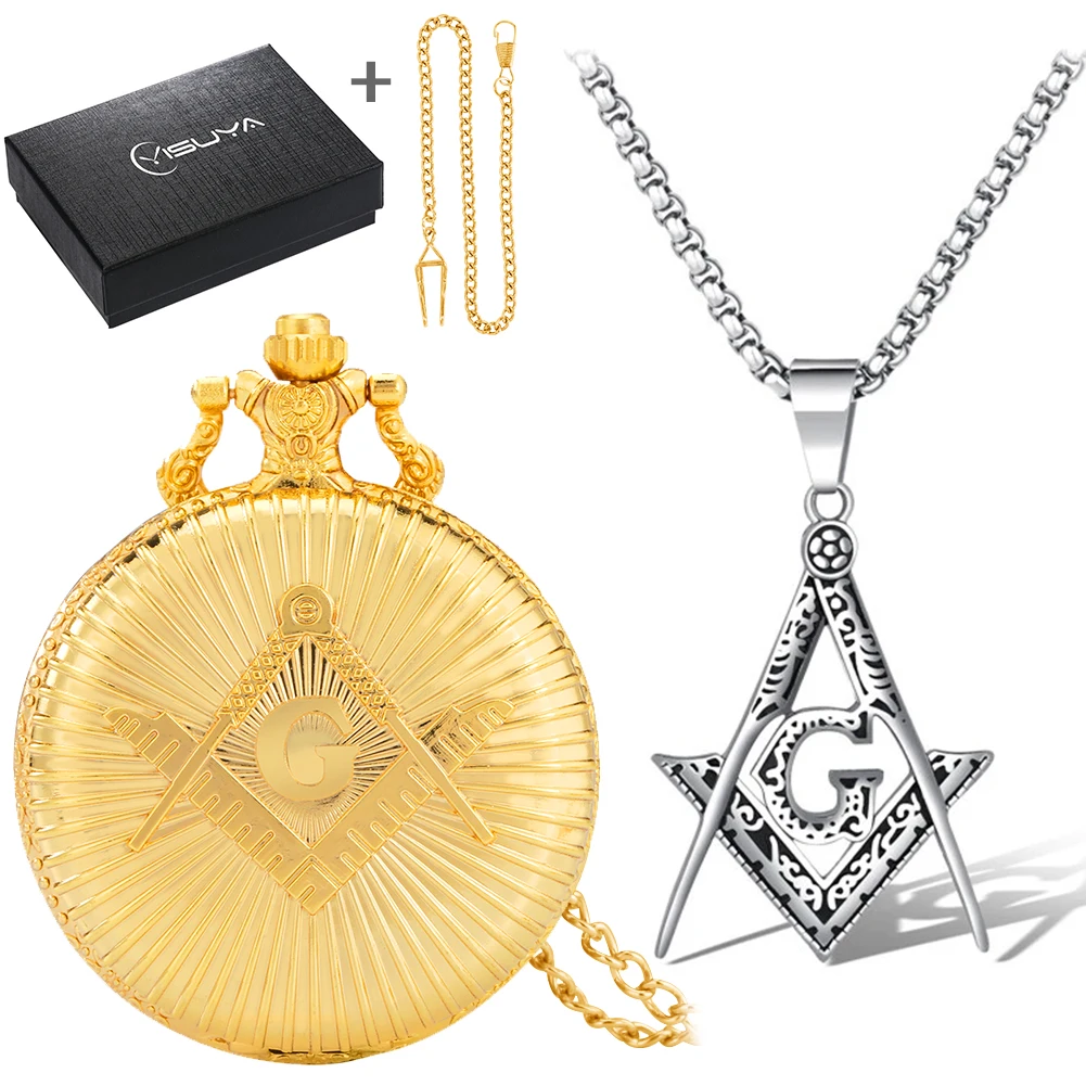 Masonic Pocket Watch Necklace Gift Set Quartz Arabic Numerals Dial Necklace Pocket Clock Freemasonry Pendant Chain Men Women