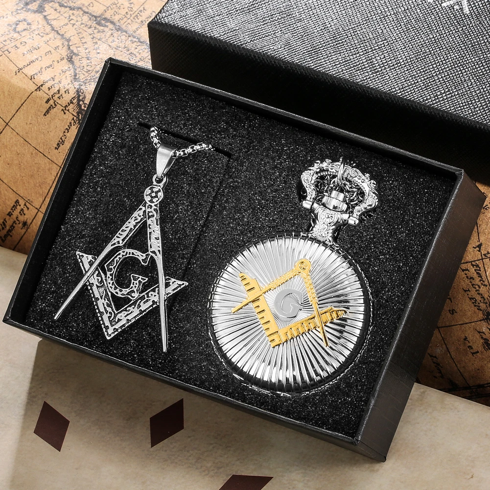 Masonic Pocket Watch Necklace Gift Set Quartz Arabic Numerals Dial Necklace Pocket Clock Freemasonry Pendant Chain Men Women