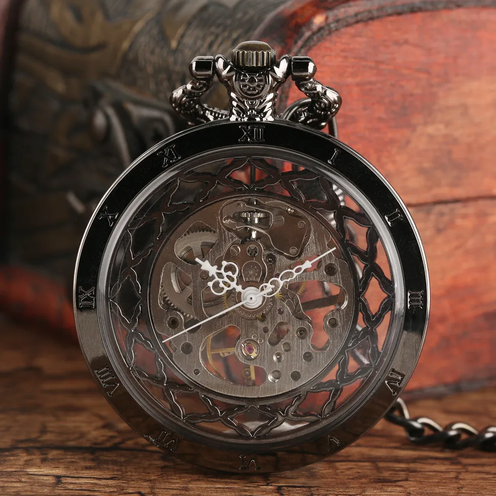 Transparent Bronze/Black Skeleton Manual Mechanical Pocket Watches with Hanging Chain Hand Winding Pendant Pocket Timepiece