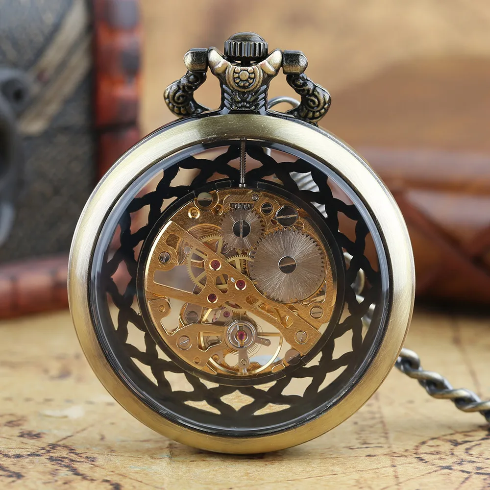 Transparent Bronze/Black Skeleton Manual Mechanical Pocket Watches with Hanging Chain Hand Winding Pendant Pocket Timepiece