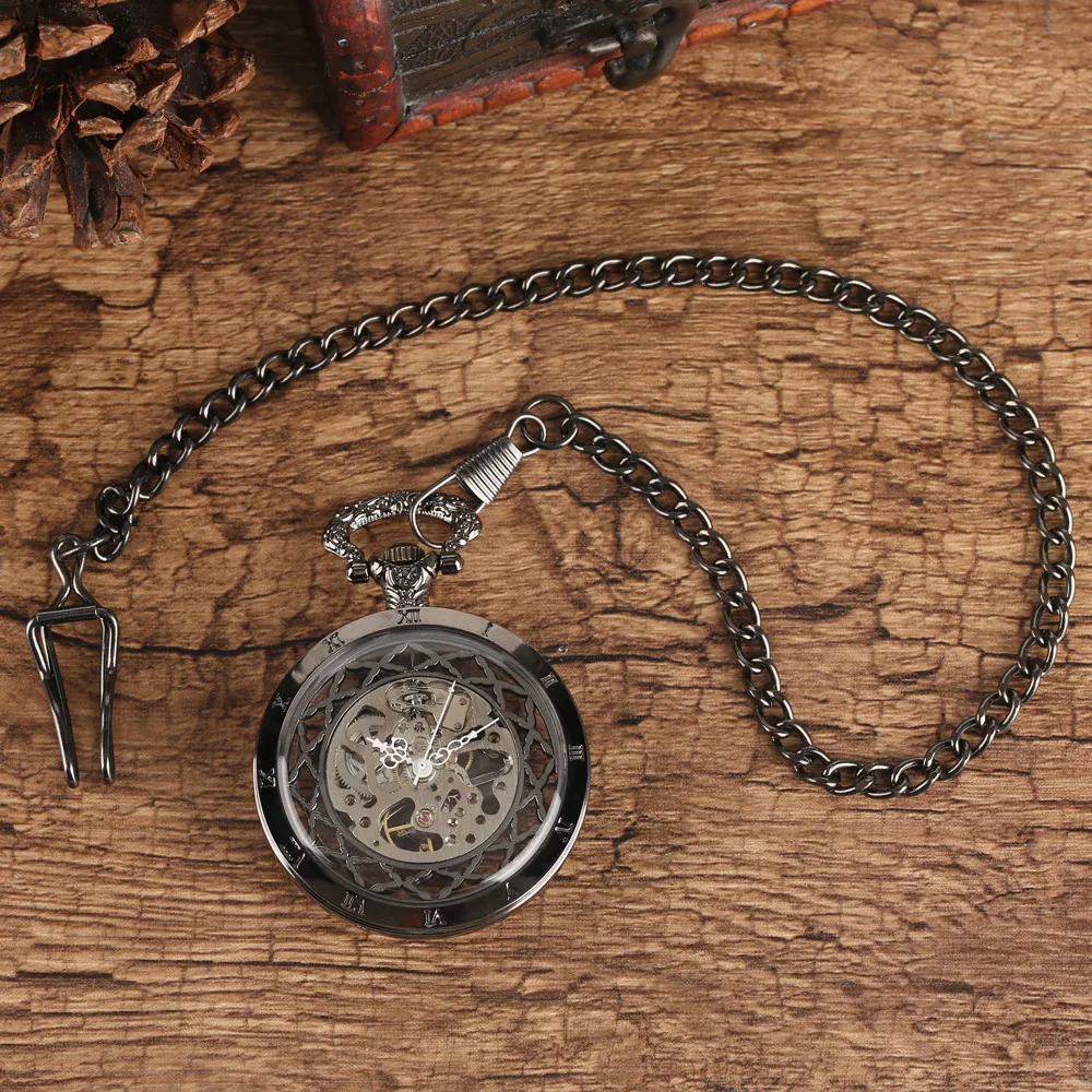 Transparent Bronze/Black Skeleton Manual Mechanical Pocket Watches with Hanging Chain Hand Winding Pendant Pocket Timepiece