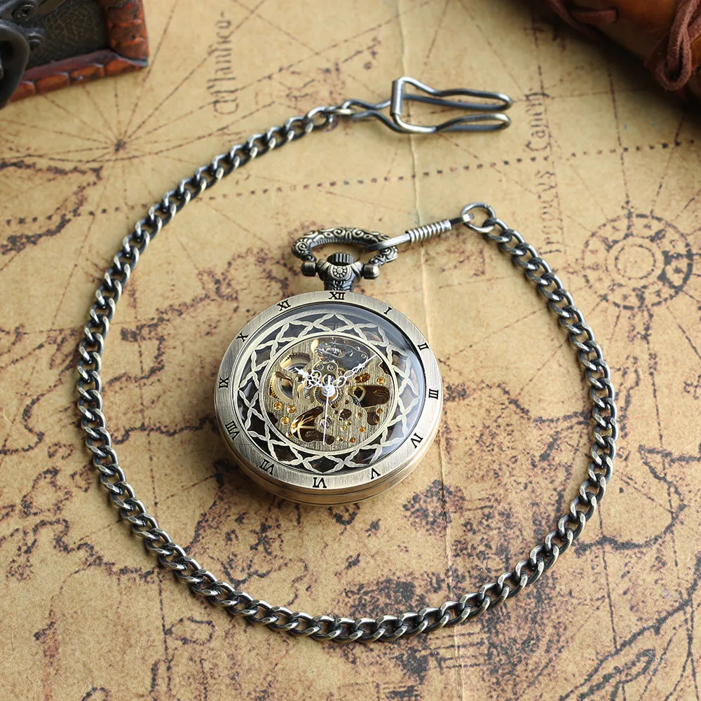 Transparent Bronze/Black Skeleton Manual Mechanical Pocket Watches with Hanging Chain Hand Winding Pendant Pocket Timepiece