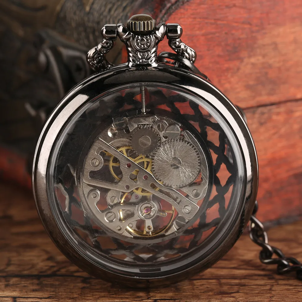 Transparent Bronze/Black Skeleton Manual Mechanical Pocket Watches with Hanging Chain Hand Winding Pendant Pocket Timepiece