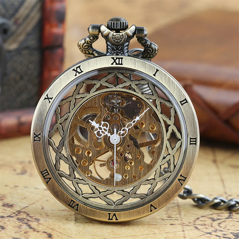 Transparent Bronze/Black Skeleton Manual Mechanical Pocket Watches with Hanging Chain Hand Winding Pendant Pocket Timepiece