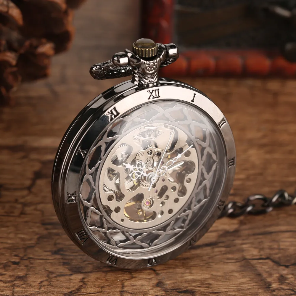 Transparent Bronze/Black Skeleton Manual Mechanical Pocket Watches with Hanging Chain Hand Winding Pendant Pocket Timepiece