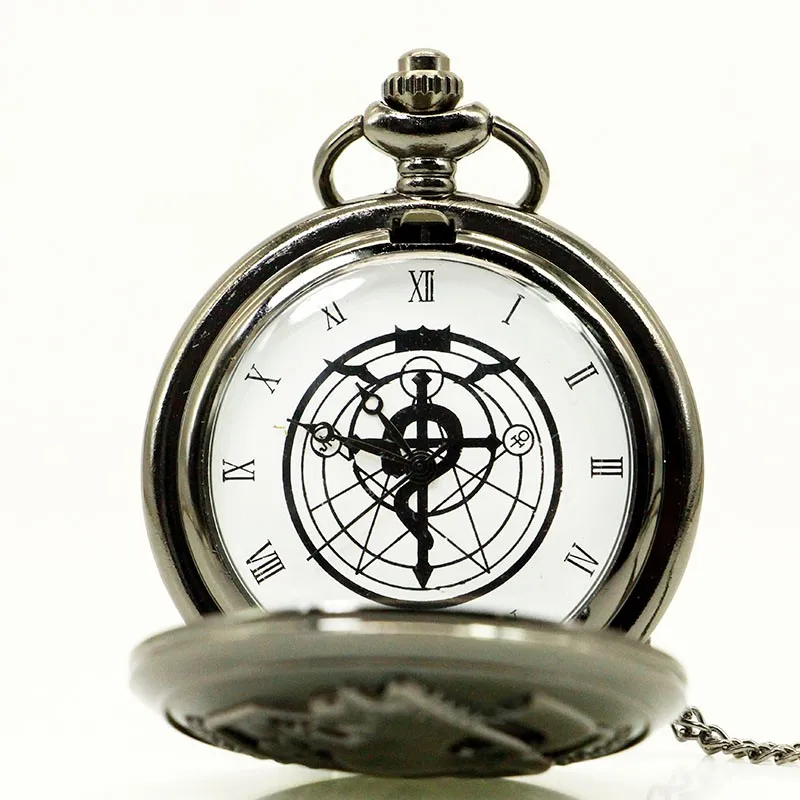 10pcs/lot Wholesale Hot Vintage Full Metal Alchemist Pocket Watch with Chain Anime Cosplay Girl Boy Pendant Clock Men Women Gift