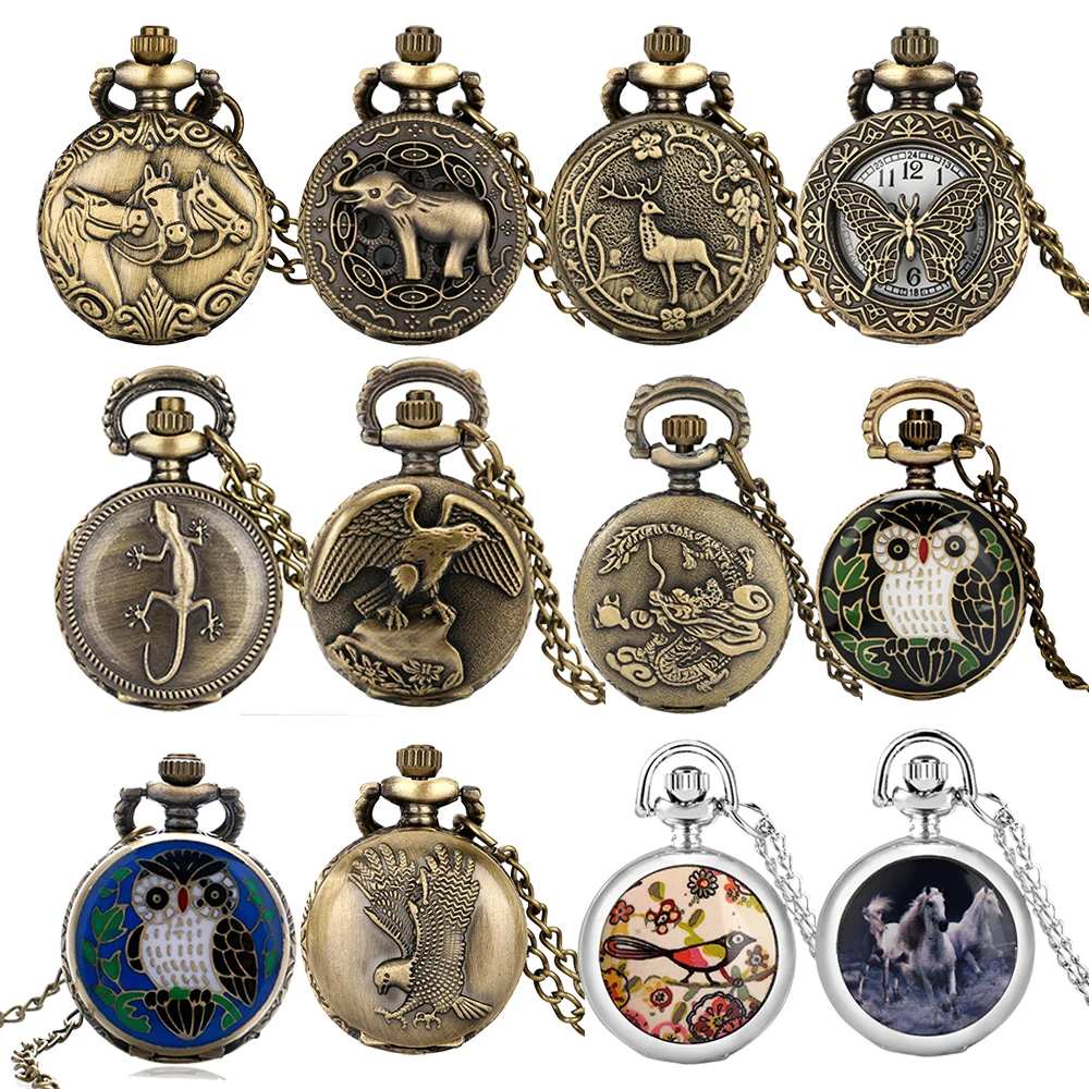 Small Size Animal Themed Vintage Pendant Necklace Pocket Watch Gift Unisex Quartz Analog Retro Exqusite Pocket Clock With Chain