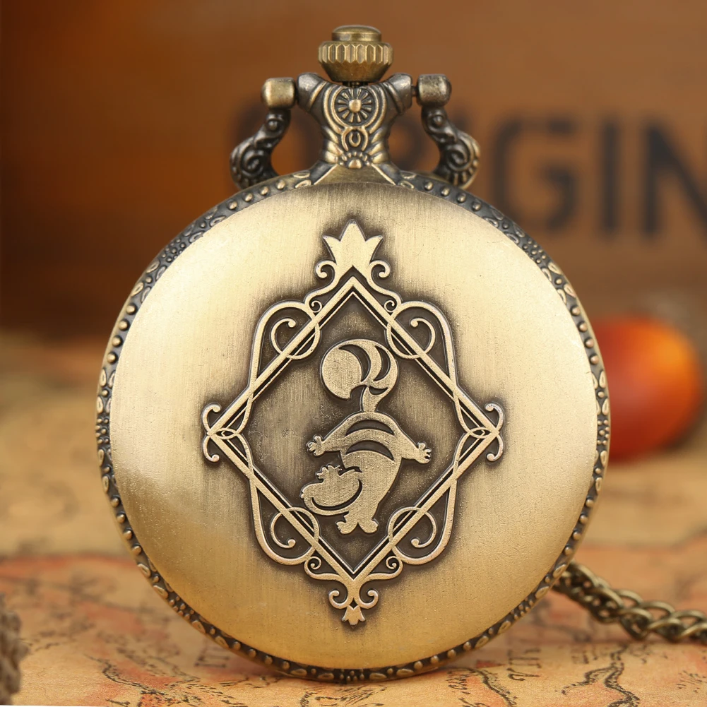 Retro Bronze Alice Pocket Watch Poker Carousel Accessory Arabic Numerals Quartz Necklace Pendant Creative Gift for Girl Women