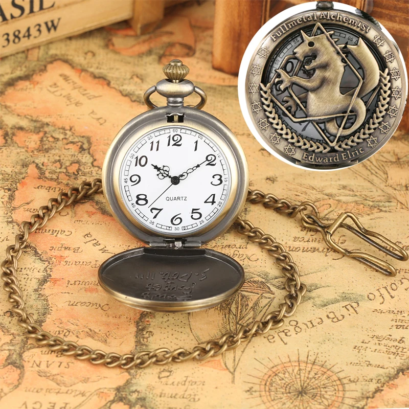 Antique Fullmetal Alchemist Quartz Anime Pocket Watch Cosplay Edward Elric Clock Design Pendant Necklace Chain Vintage Chain