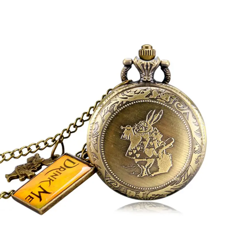 Retro Bronze Dream Women Rabbit Drink Me Tag Brown Glass Quartz Pocket Watch Chain Necklace Pendant for Girl Women