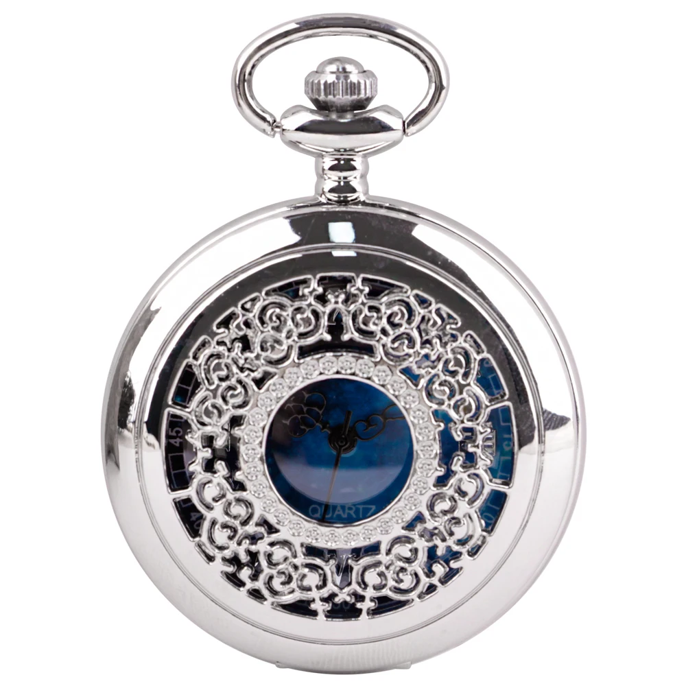 Pocket Watch Hollow Blue Starry Sky Dial Roman Numerals Quartz Pocket Watches with Necklace Christmas Birthday Gifts