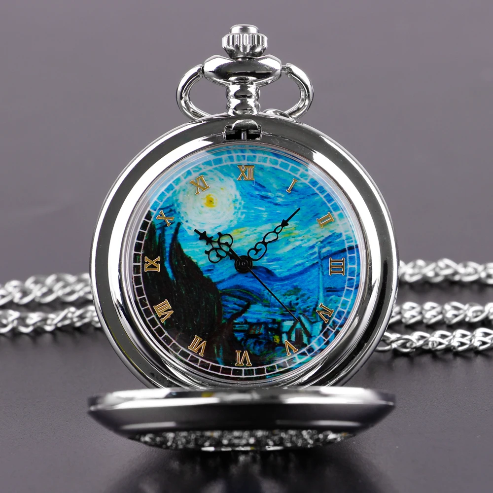 Pocket Watch Hollow Blue Starry Sky Dial Roman Numerals Quartz Pocket Watches with Necklace Christmas Birthday Gifts