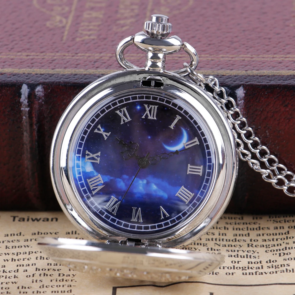 Pocket Watch Hollow Blue Starry Sky Dial Roman Numerals Quartz Pocket Watches with Necklace Christmas Birthday Gifts