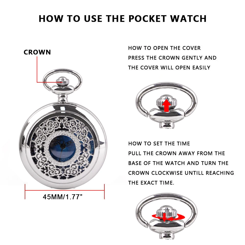 Pocket Watch Hollow Blue Starry Sky Dial Roman Numerals Quartz Pocket Watches with Necklace Christmas Birthday Gifts