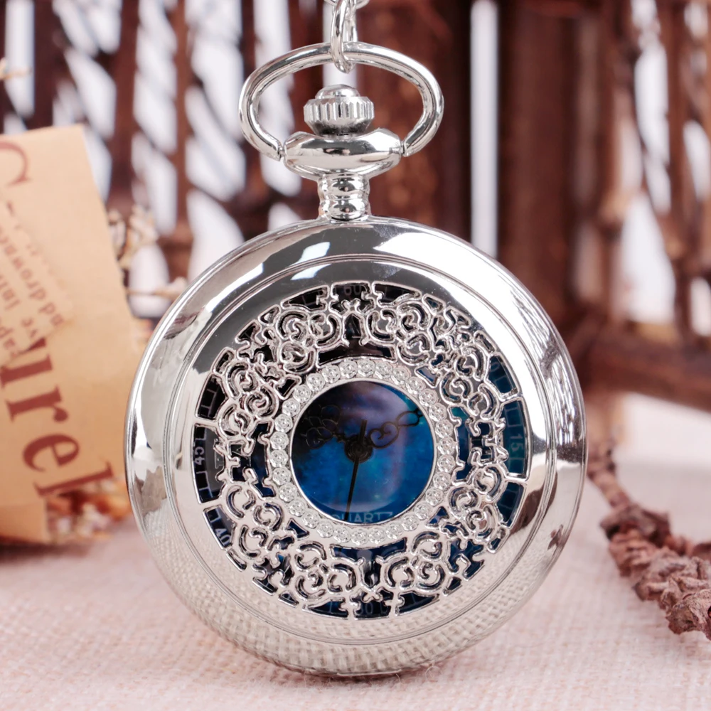 Pocket Watch Hollow Blue Starry Sky Dial Roman Numerals Quartz Pocket Watches with Necklace Christmas Birthday Gifts