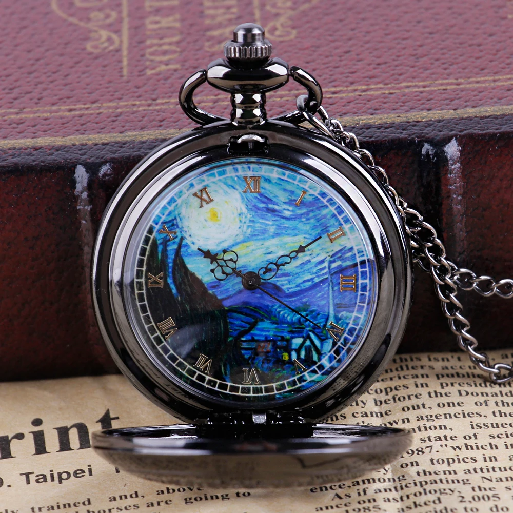Pocket Watch Hollow Blue Starry Sky Dial Roman Numerals Quartz Pocket Watches with Necklace Christmas Birthday Gifts