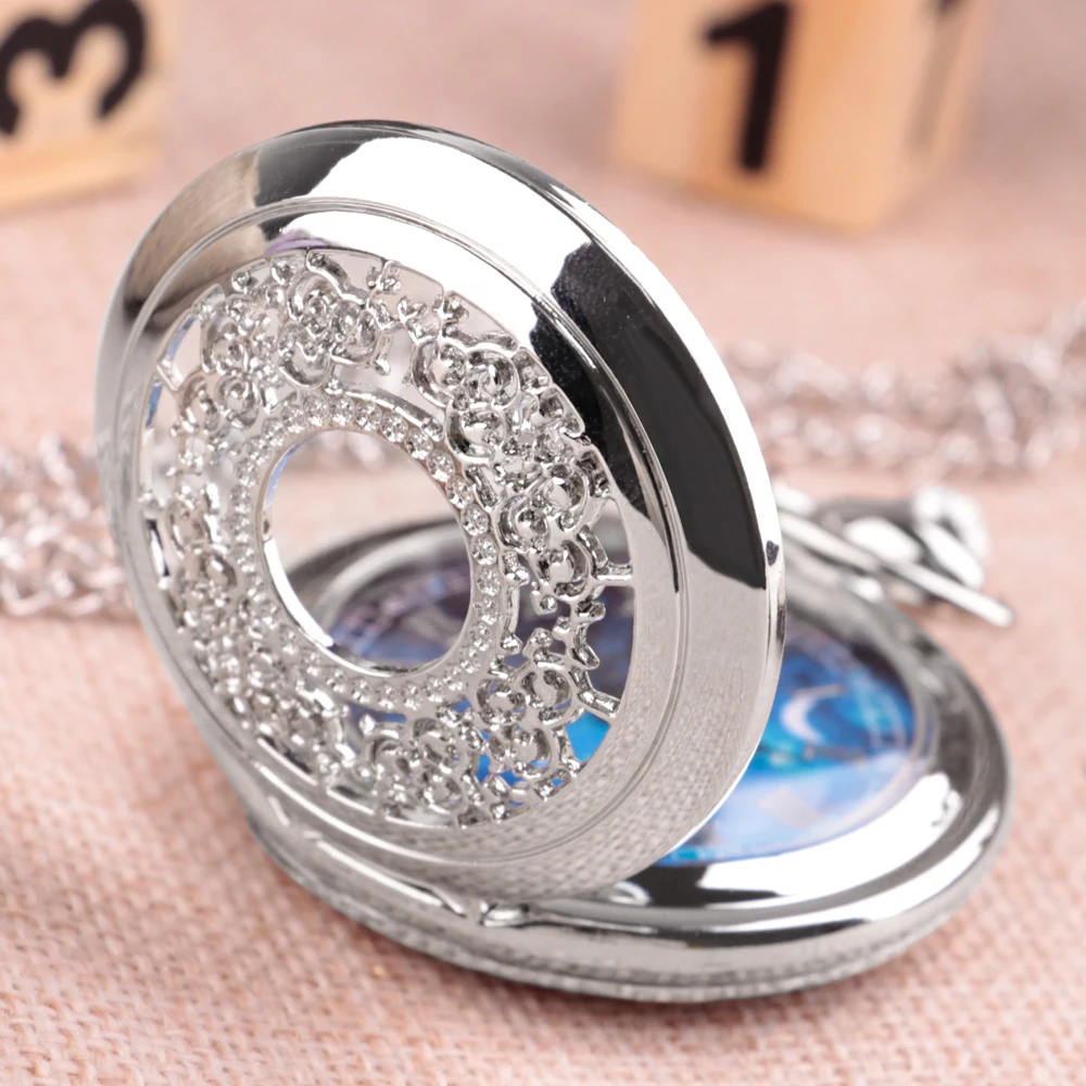 Pocket Watch Hollow Blue Starry Sky Dial Roman Numerals Quartz Pocket Watches with Necklace Christmas Birthday Gifts