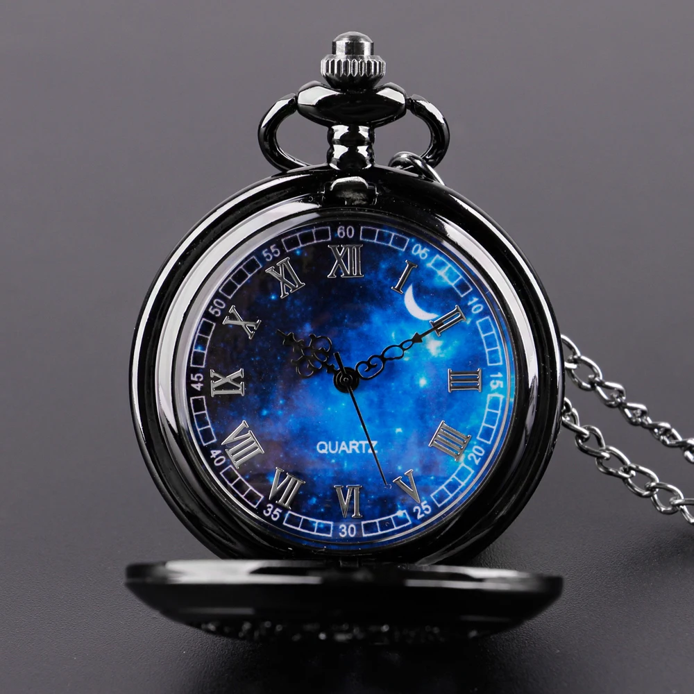 Pocket Watch Hollow Blue Starry Sky Dial Roman Numerals Quartz Pocket Watches with Necklace Christmas Birthday Gifts
