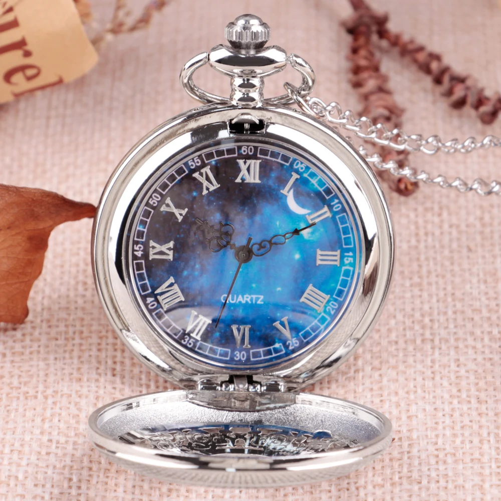 Pocket Watch Hollow Blue Starry Sky Dial Roman Numerals Quartz Pocket Watches with Necklace Christmas Birthday Gifts