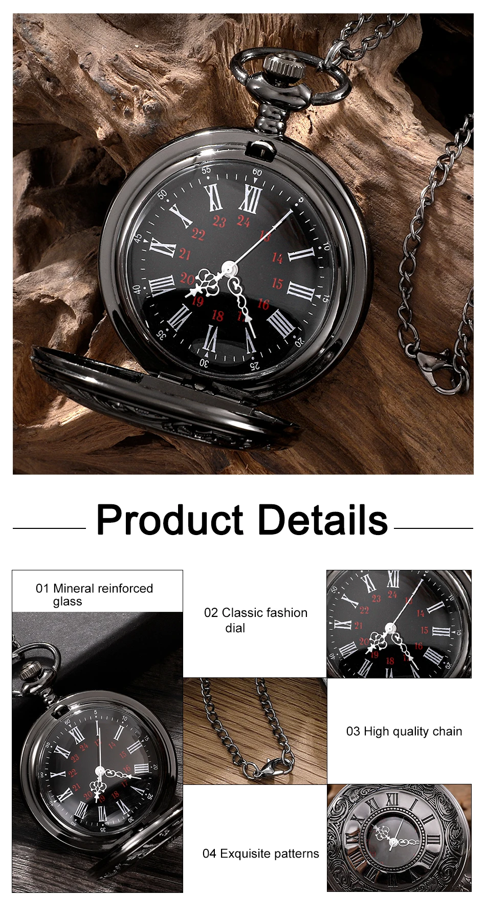 Vintage Charm Black Unisex Fashion Roman Number Quartz Steampunk Pocket Watch Women Man Necklace Pendant with Chain Gift