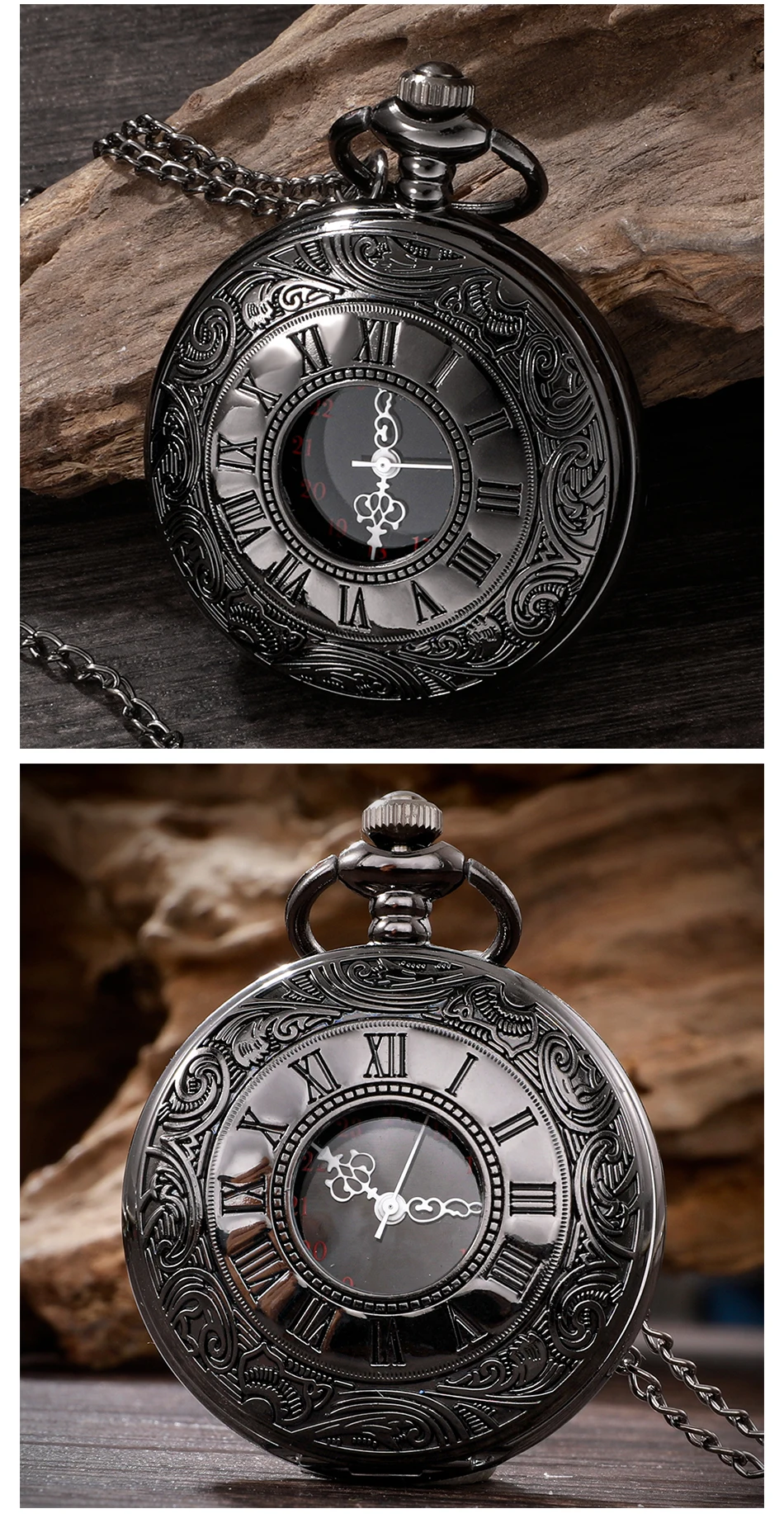 Vintage Charm Black Unisex Fashion Roman Number Quartz Steampunk Pocket Watch Women Man Necklace Pendant with Chain Gift