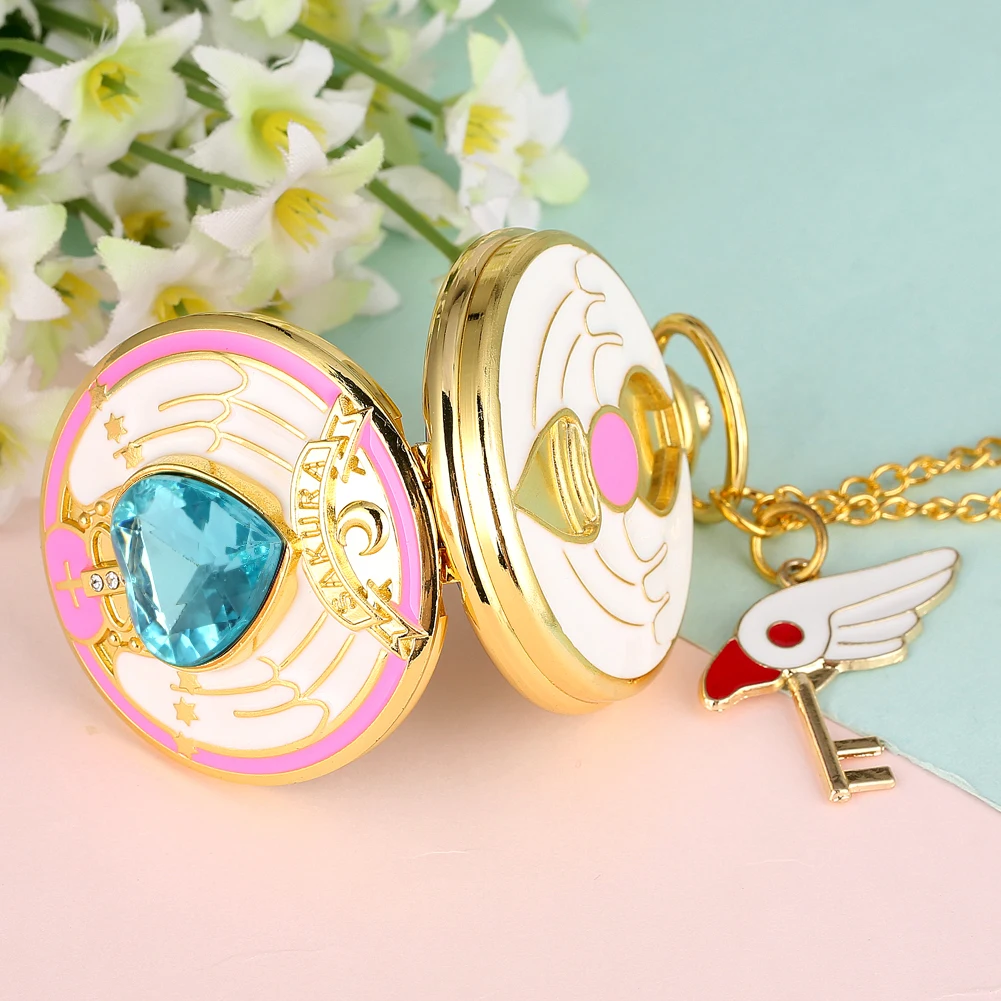 Luxury Gold Heart-shaped Gem Quartz Pocket Watch with Cardcaptor Sakura Accessory Pendant Necklace Chain Steampunk Women Gifts
