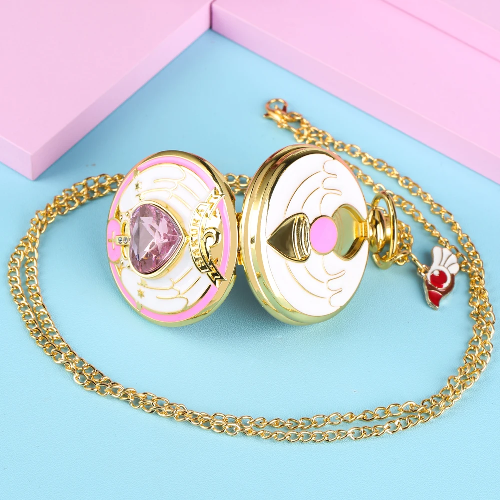 Luxury Gold Heart-shaped Gem Quartz Pocket Watch with Cardcaptor Sakura Accessory Pendant Necklace Chain Steampunk Women Gifts