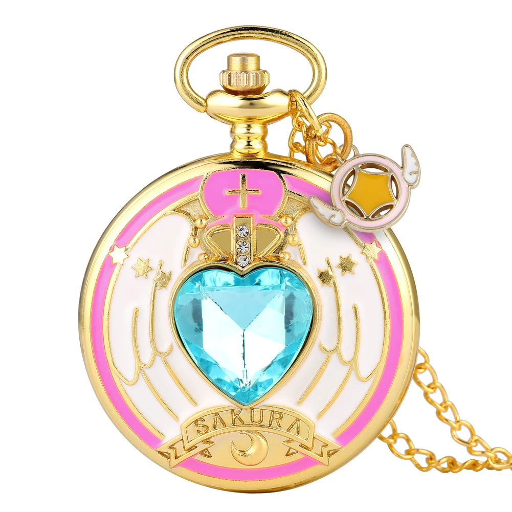 Luxury Gold Heart-shaped Gem Quartz Pocket Watch with Cardcaptor Sakura Accessory Pendant Necklace Chain Steampunk Women Gifts