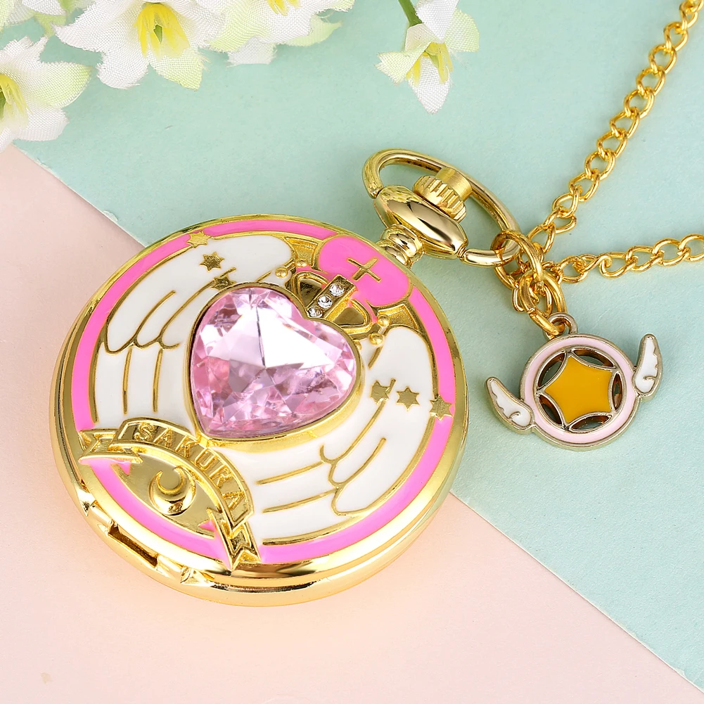 Luxury Gold Heart-shaped Gem Quartz Pocket Watch with Cardcaptor Sakura Accessory Pendant Necklace Chain Steampunk Women Gifts