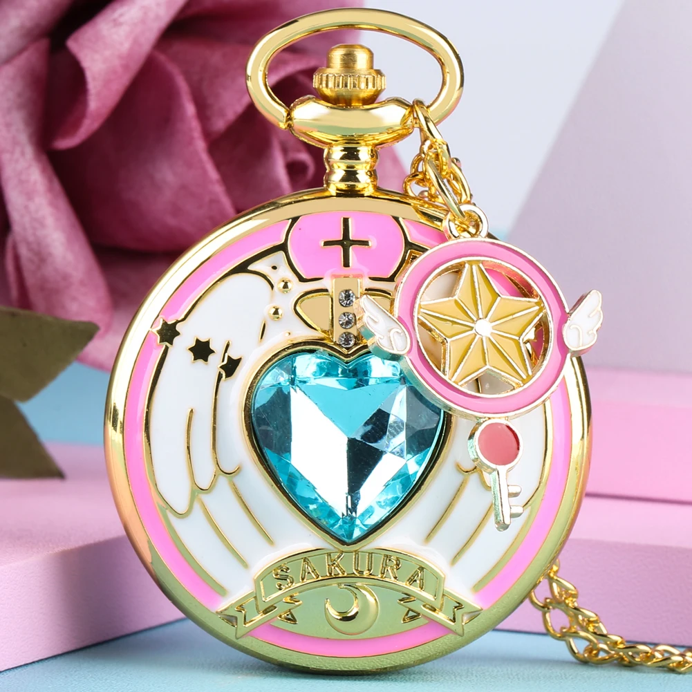 Luxury Gold Heart-shaped Gem Quartz Pocket Watch with Cardcaptor Sakura Accessory Pendant Necklace Chain Steampunk Women Gifts