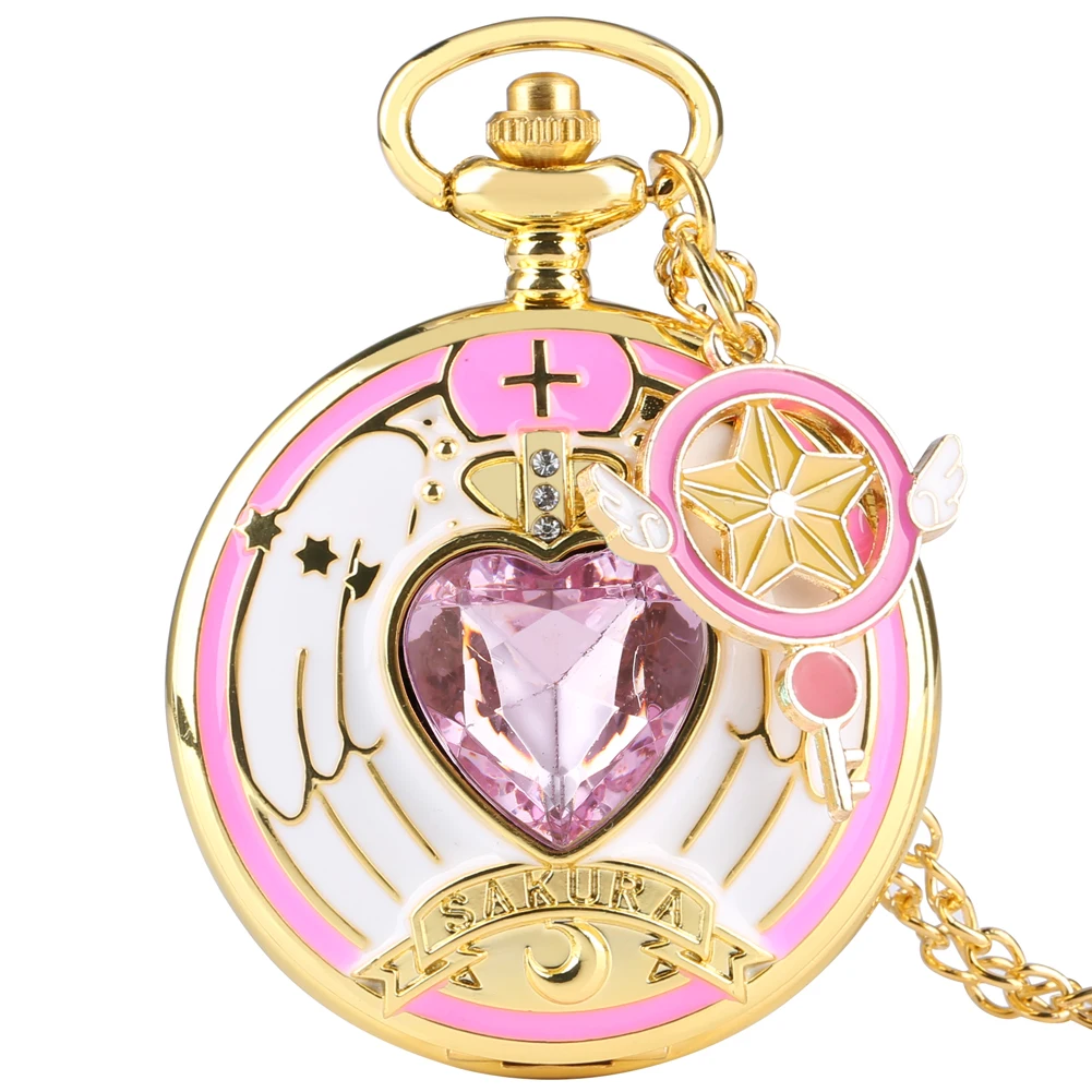 Luxury Gold Heart-shaped Gem Quartz Pocket Watch with Cardcaptor Sakura Accessory Pendant Necklace Chain Steampunk Women Gifts