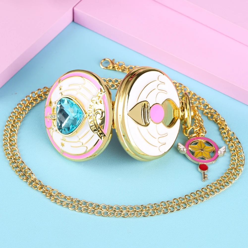 Luxury Gold Heart-shaped Gem Quartz Pocket Watch with Cardcaptor Sakura Accessory Pendant Necklace Chain Steampunk Women Gifts