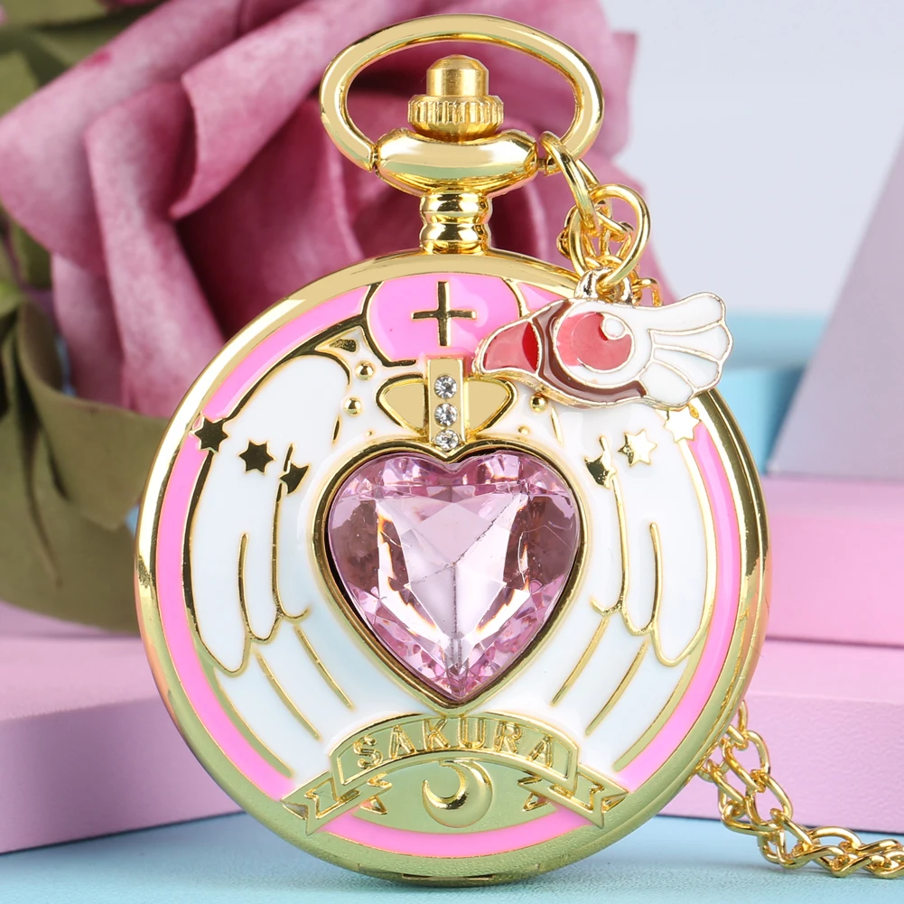 Luxury Gold Heart-shaped Gem Quartz Pocket Watch with Cardcaptor Sakura Accessory Pendant Necklace Chain Steampunk Women Gifts