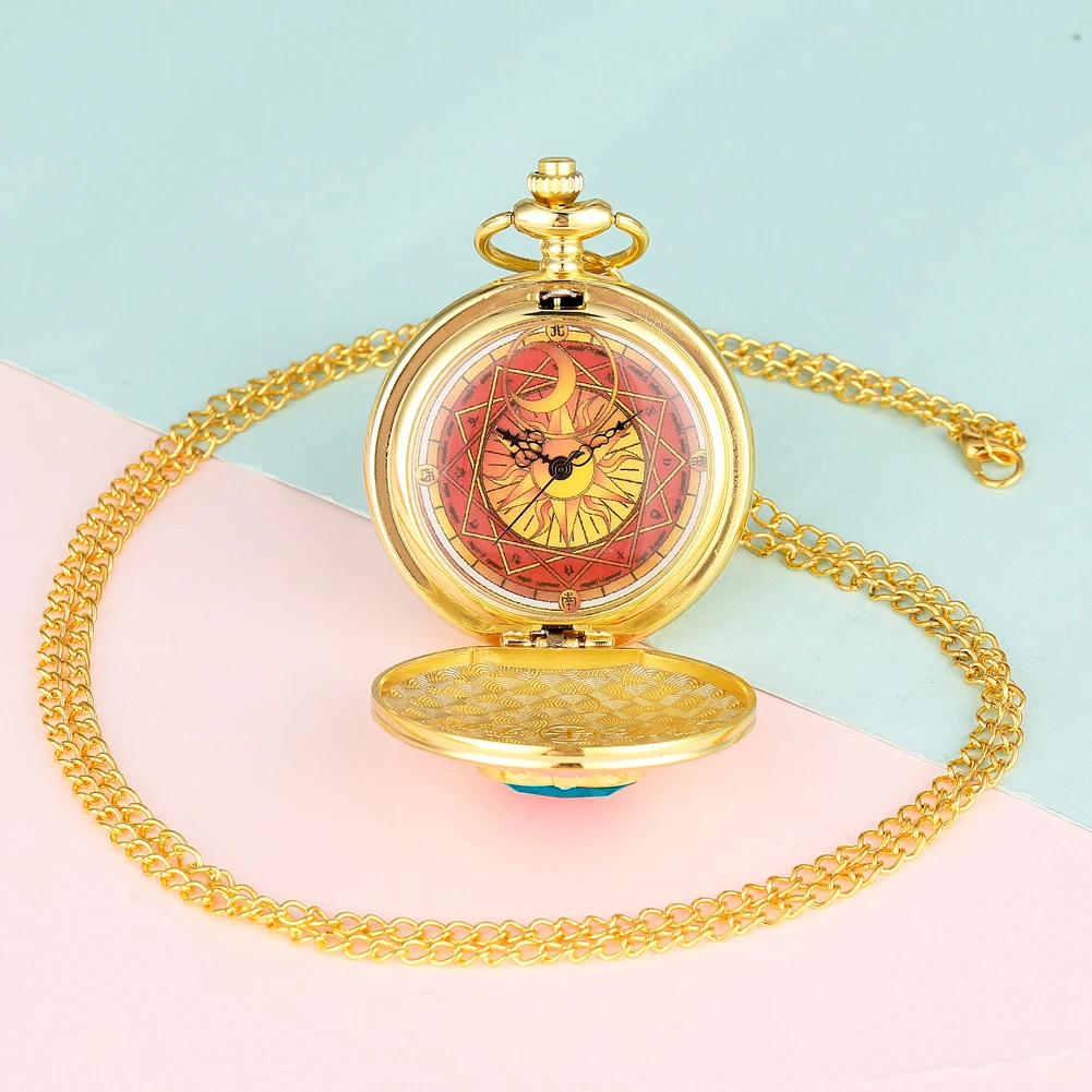 Luxury Gold Heart-shaped Gem Quartz Pocket Watch with Cardcaptor Sakura Accessory Pendant Necklace Chain Steampunk Women Gifts