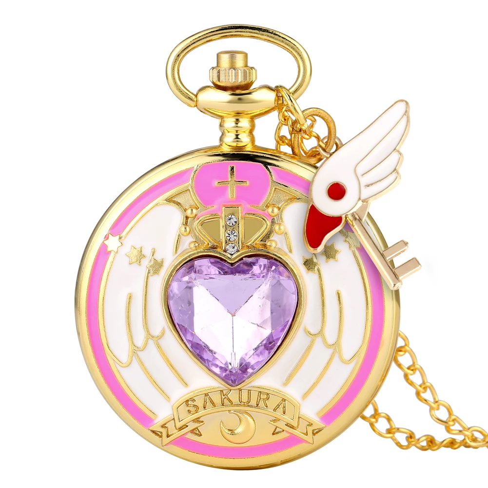 Luxury Gold Heart-shaped Gem Quartz Pocket Watch with Cardcaptor Sakura Accessory Pendant Necklace Chain Steampunk Women Gifts