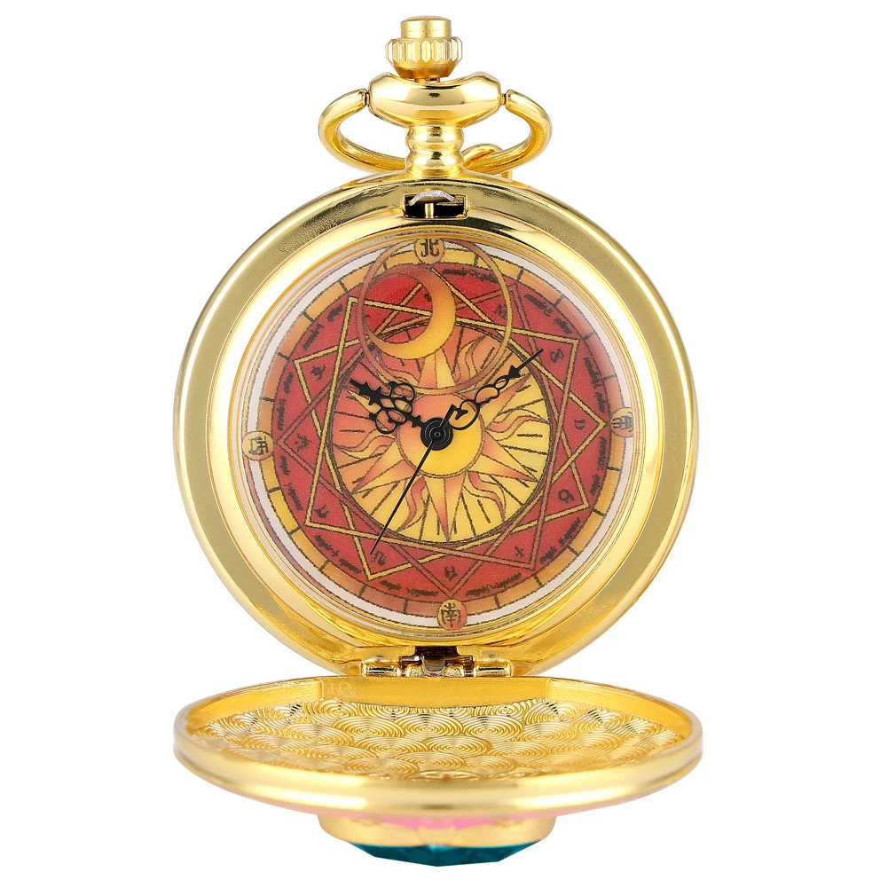 Luxury Gold Heart-shaped Gem Quartz Pocket Watch with Cardcaptor Sakura Accessory Pendant Necklace Chain Steampunk Women Gifts