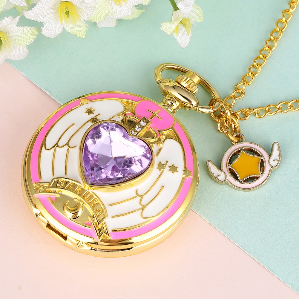 Luxury Gold Heart-shaped Gem Quartz Pocket Watch with Cardcaptor Sakura Accessory Pendant Necklace Chain Steampunk Women Gifts
